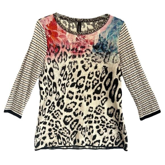 Marc Cain Wool Silk Sweater Womens XL N5 Animal Print Floral Stripe Quiet Luxury - Picture 1 of 9